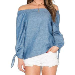 Free People Show Some Shoulder Blue Chambray Linen Blend Blouse Size M